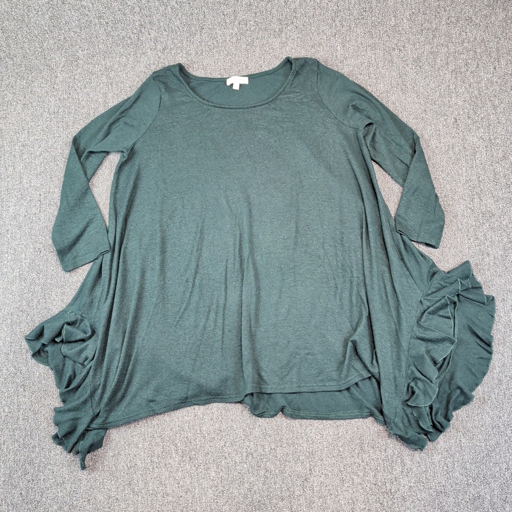 Umgee Boho‎ Ruffle Sharkbite Hem Tunic Top XL Forest Green Oversized Lagenlook